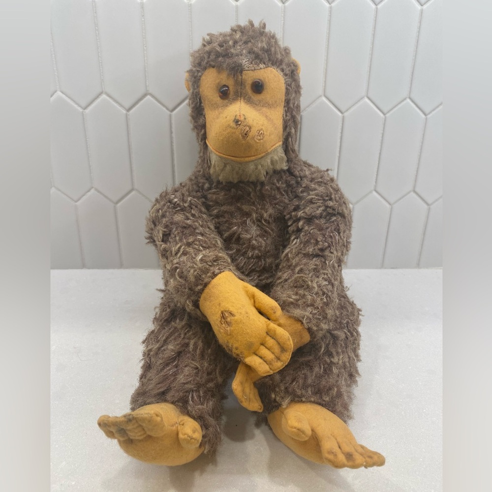 Vintage Straw Filled Mohair & Felt Monkey Toy, Jointed 20” Tall